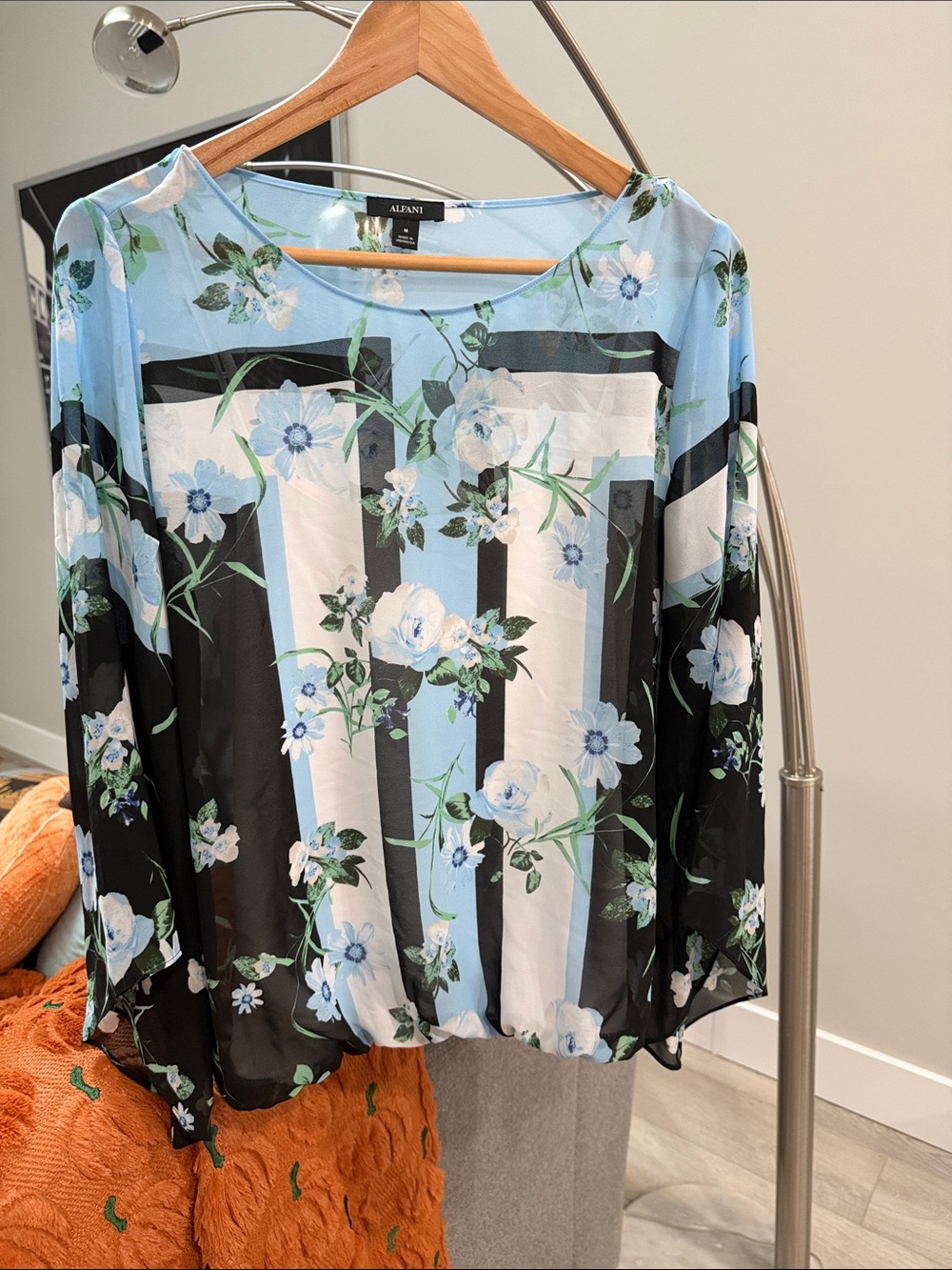 Alfani Light Blue Floral Stripe Sheer Blouse